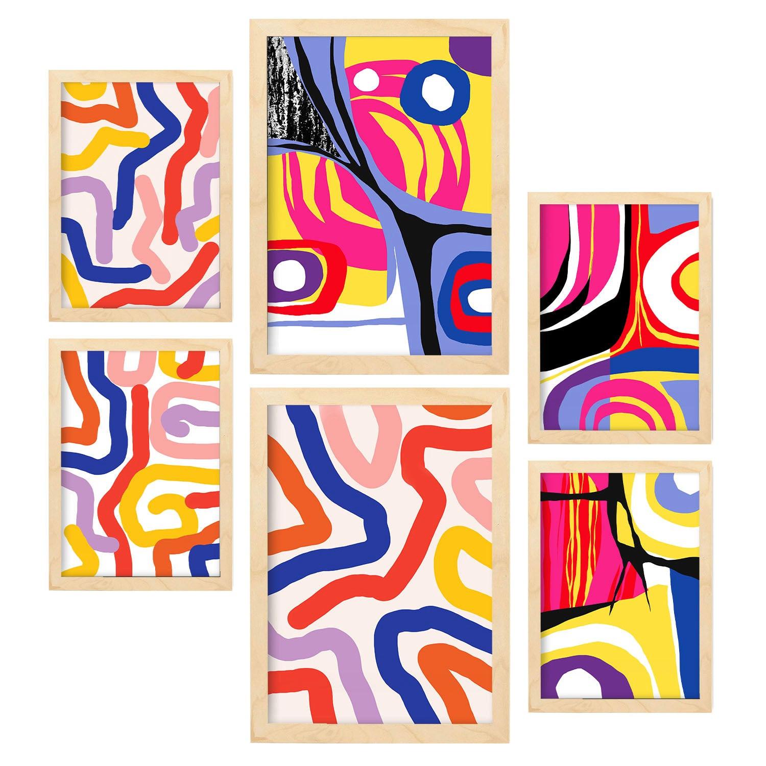 POSTER Set Mit 6 Lebendige Formen In Farbenfrohe Zusammenfassungen A3 & A4 Rahmen Aus Hellem Holz - Beige, Papier (29/3cm) - Nacnic
