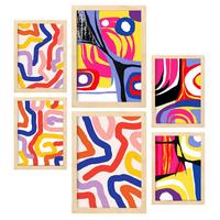 POSTER Set Mit 6 Lebendige Formen In Farbenfrohe Zusammenfassungen A3 & A4 Rahmen Aus Hellem Holz - Beige, Papier (29/3cm) - Nacnic