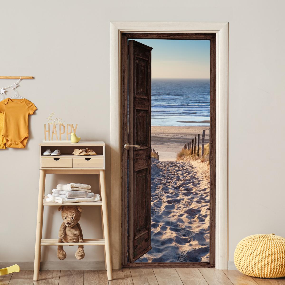 TÜRAUFKLEBER Durchblick - Strand - Meer - Weg - Dünen Fototapete 75x205 cm - Türtapete - Sandfarben, Kunststoff (75/0.1cm) - MuchoWow
