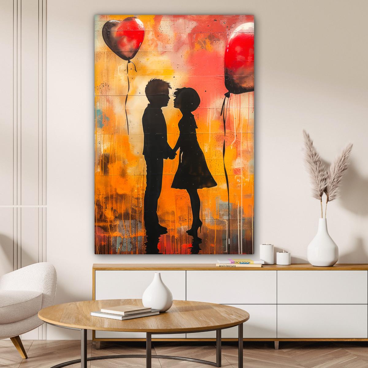 LEINWANDBILD Straßenkunst - Liebe - Graffiti - Kunst - Banksy Deko XXL 80x120 cm - Orange, Textil (80/120cm) - MuchoWow