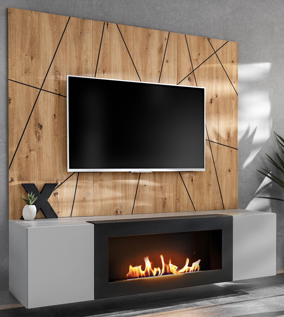 TV-LOWBOARD grau, Eiche Artisan, TV-Unterschrank 160 cm Set mit Ethanol Kamin und Akustikpaneel - Hellgrau/Schwarz, Glas/Holzwerkstoff (160/148/35cm) - Inn.Furn