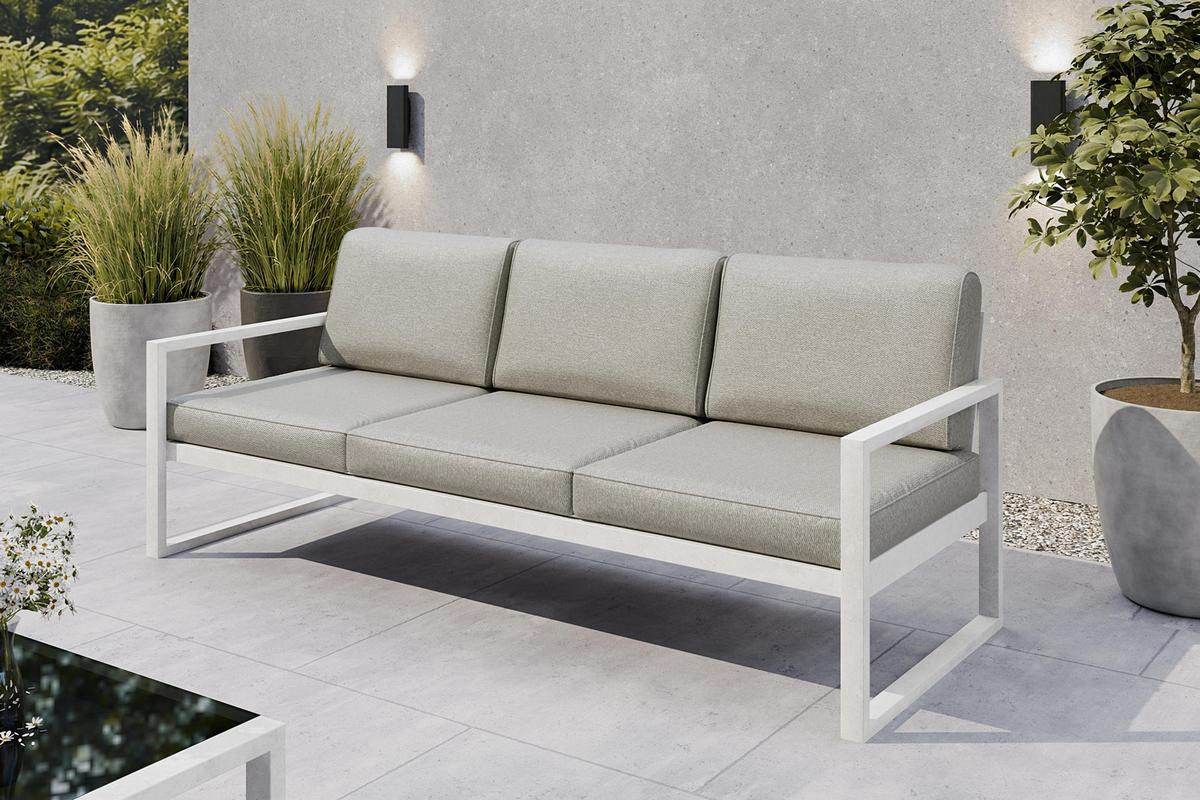 GARTENBANK Bellano Outdoor 3-Sitzer Polster-Loungebank, Stahlgestell Weiß, Taupe 76/216/80 cm - Beige, Textil (216/86/80cm) - WFL GROUP