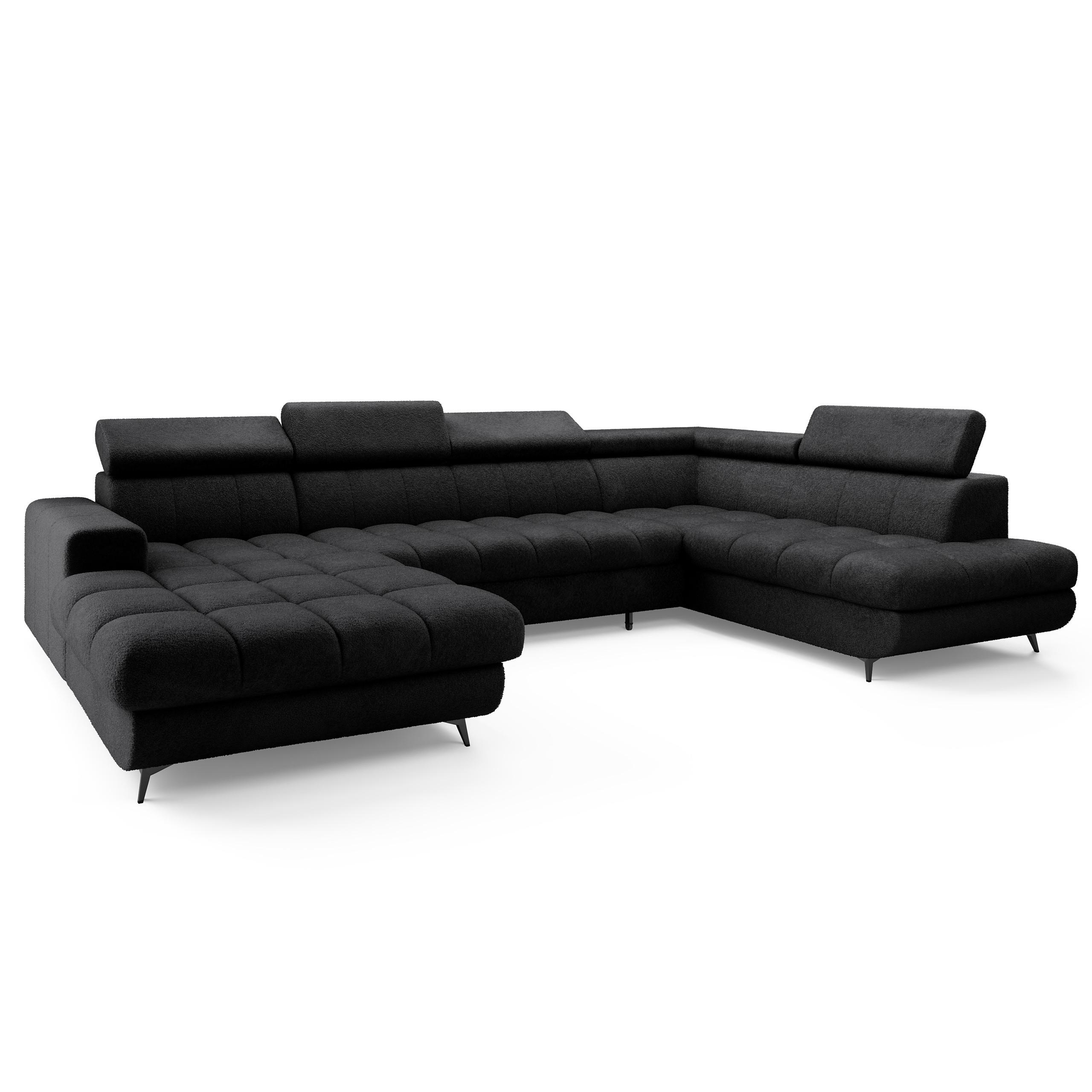 WOHNLANDSCHAFT CORENO Schwarz Boucle-Stoff mit Schlaffunktion - Schwarz, Holz (345/88/190cm) - MASSENO