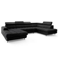 WOHNLANDSCHAFT CORENO Schwarz Boucle-Stoff mit Schlaffunktion - Schwarz, Holz (345/88/190cm) - MASSENO