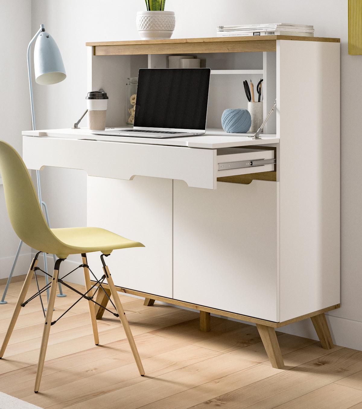 SEKRETÄR weiß, Eiche 100 cm skandinavisch, Schreibtisch mit Soft-Close - Eichefarben/Weiß, Holzwerkstoff/Metall (110/40/118cm) - Inn.Furn