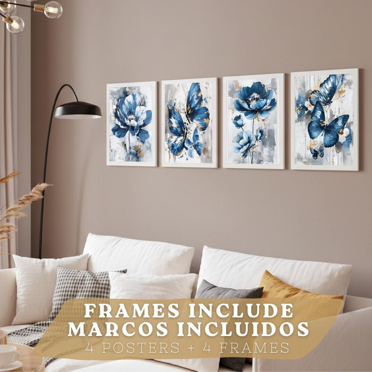 POSTER 4er Kunstdruck-Set Wandbilder Blumen Blau Schmetterlinge modern Wohnzimmer Deko, Schlafzimmer, Küche, Badezimmer Rahmenlos A4 - Weiß, Papier (29.7/1/21cm) - Nacnic