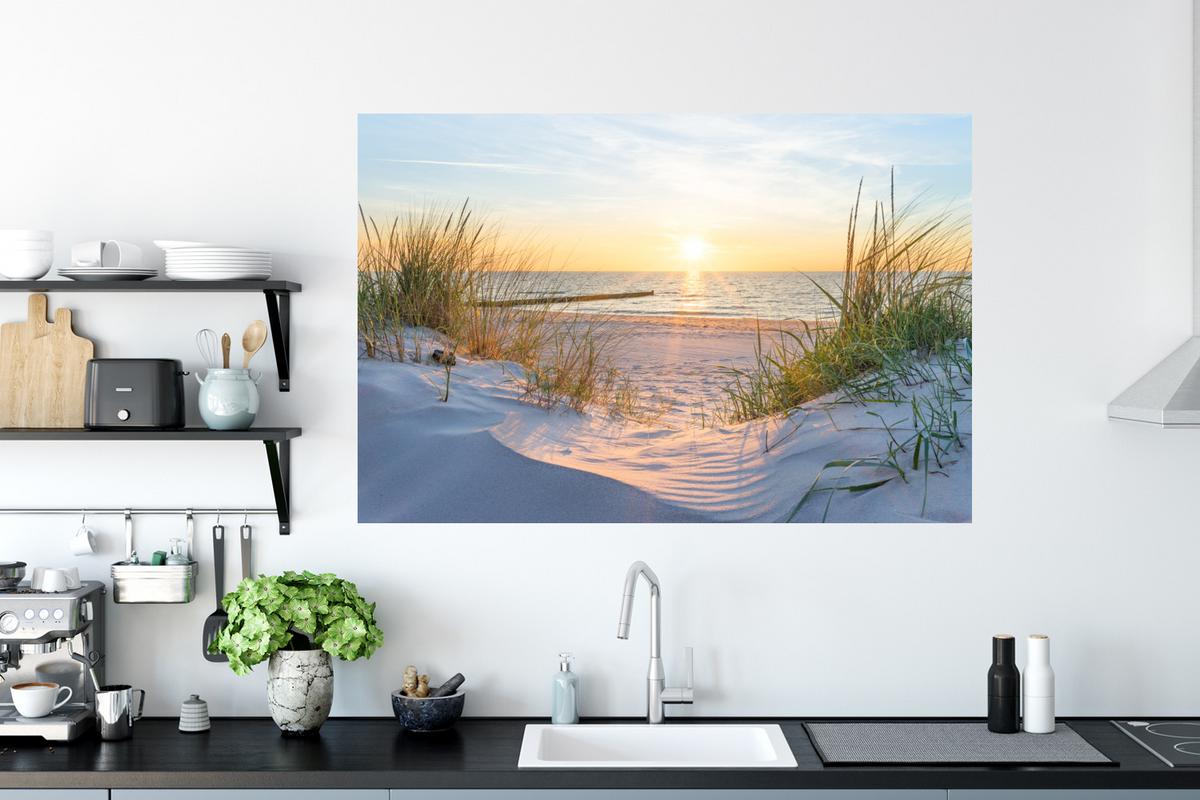 WANDTATTOO Strand - Sonne - Düne - Gras - Sand - Horizont Wandsticker 120x80 cm - Hellblau, Kunststoff (120/80/0.1cm) - MuchoWow