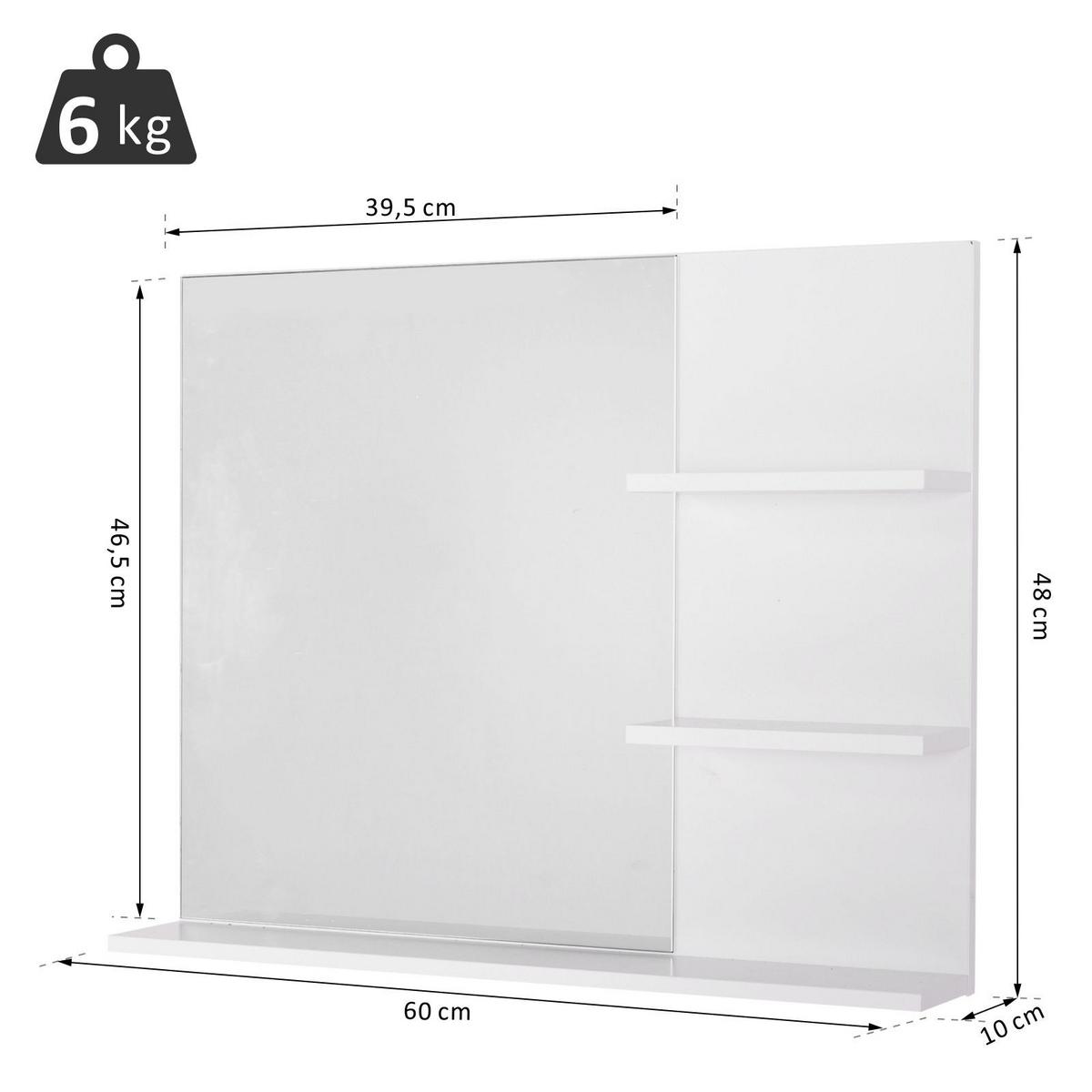 BADSPIEGEL mit 3 Ablagen, für Badezimmer, Weiß, 60 x 10 x 48 cm - Weiß, Glas (10/48/60cm) - Kleankin
