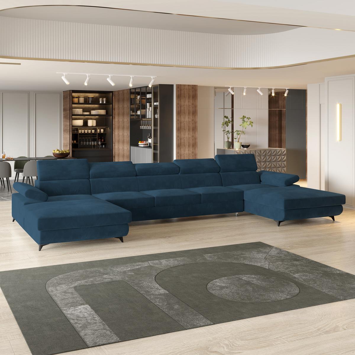 WOHNLANDSCHAFT VIVENTE Blau Velours-Stoff mit Schlaffunktion - Blau, Holz (410/89/190cm) - MASSENO