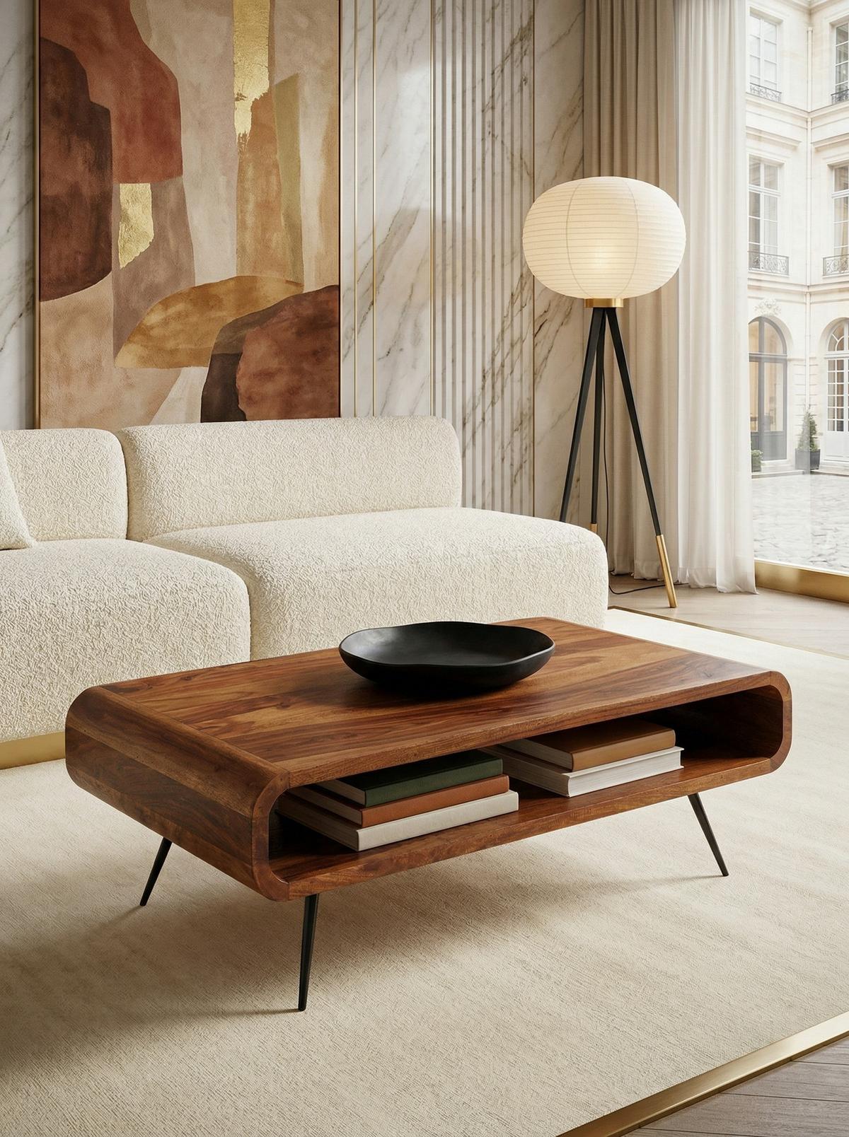 WOHNZIMMERTISCH Massivholz Sheesham, Modernes Design mit Staufach - Schwarz/Braun, Holz/Metall (55/90/30cm) - KADIMA DESIGN