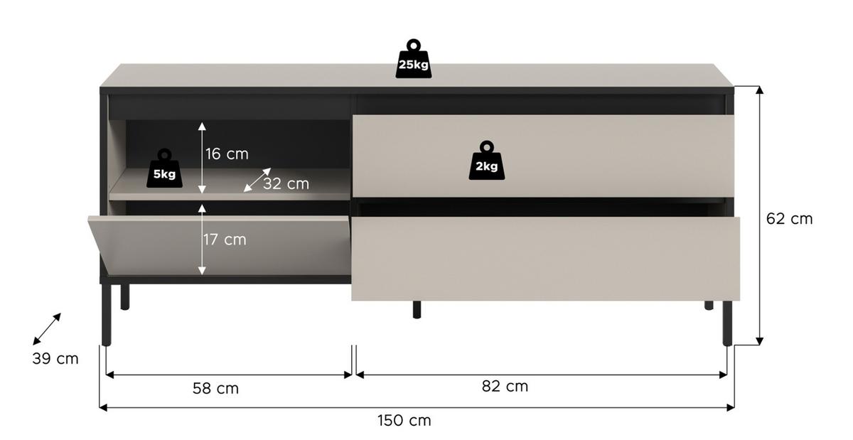 LOWBOARD Sand / Kaschmir mit schwarz, Flat-TV Unterschrank 150 cm, Komforthöhe - Sandfarben/Kaschmir, Holzwerkstoff/Metall (150/62/38cm) - Inn.Furn