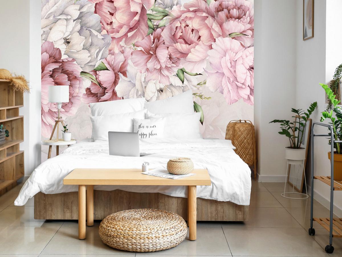 FOTOTAPETE für Schlafzimmer Rosa Zarte Pfingstrosen Natur 300x210 - Violett/Rosa, Papier (300/210cm) - Muralo