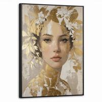 LEINWAND Bilder mit Rahmen - Gesicht - Frau - Blätter - Gold - 70x100 - Beige, Textil (70/100cm) - MuchoWow