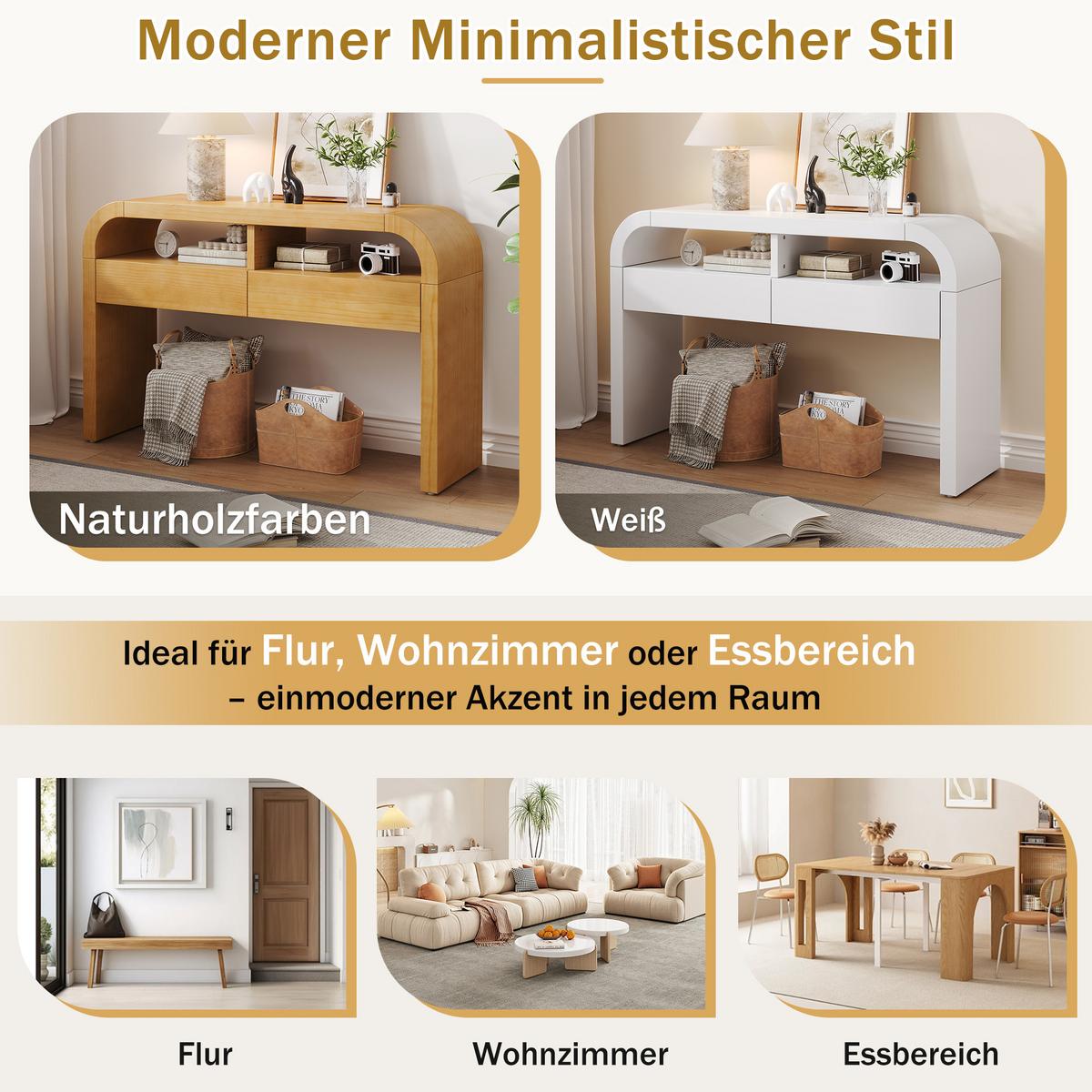 KONSOLENTISCH mdf in natur-holzoptik, geschwungene kanten & 2 schubladen - Naturfarben, Holzwerkstoff (35.5/120/76.5cm) - Urban Meuble