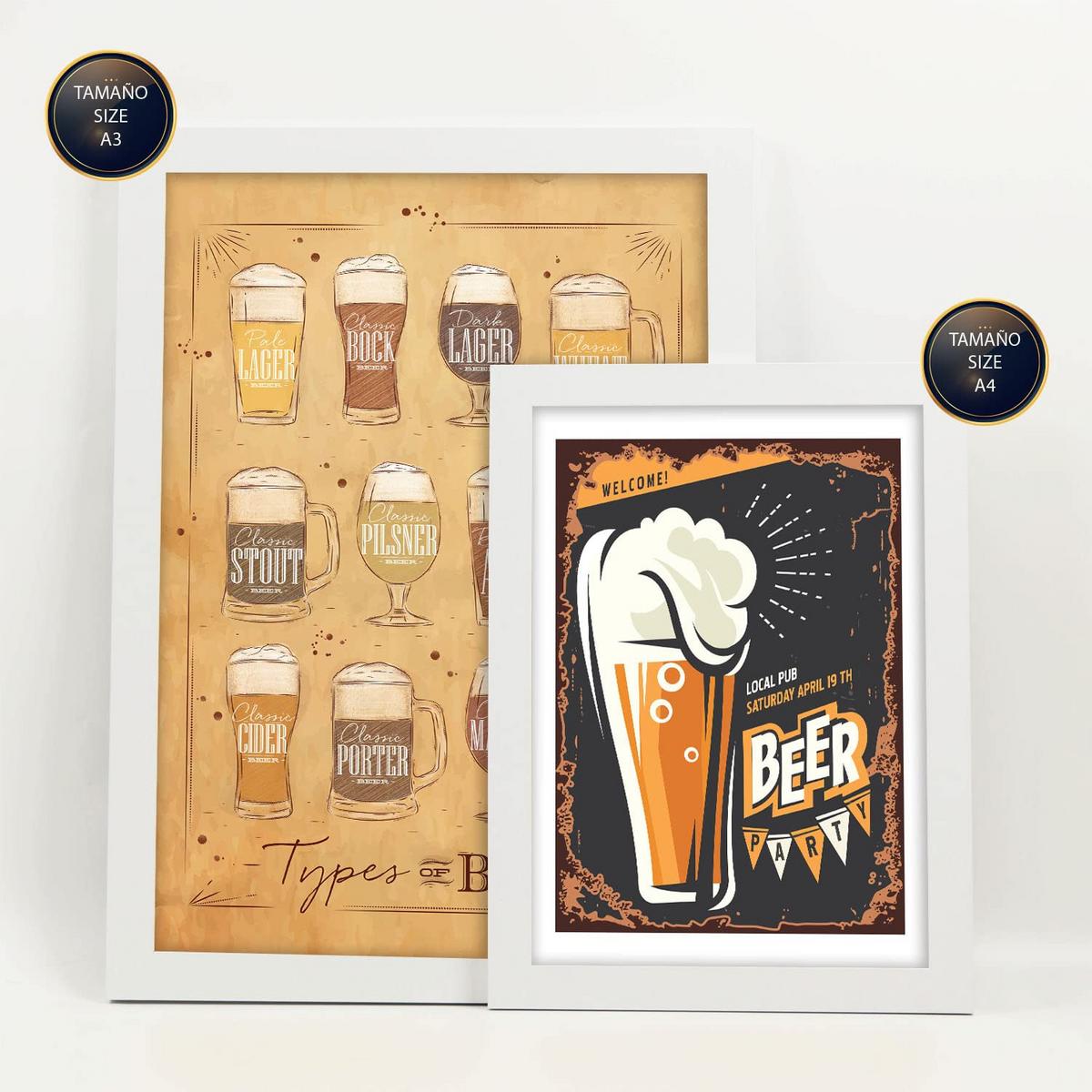 POSTER Set Mit 6 Bier Schilder Vollfarbige Illustrationen Von Kaffee & Getränken Im Werbetafel Illustrationen Für & Heim A3 & A4 Weißer Rahmen - Weiß, Papier (29/3cm) - Nacnic