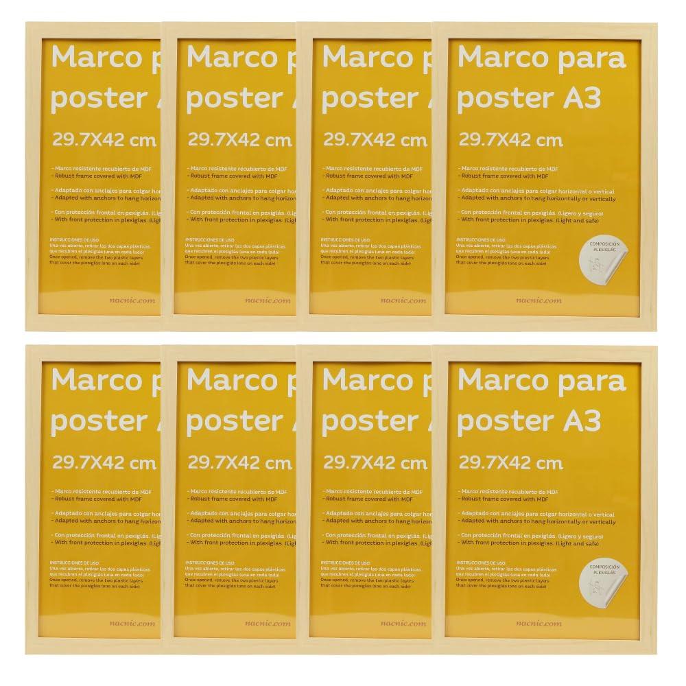 RAHMEN Set mit 8 aus MDF und Acrylglas Schutz und Aussteller für Fotografien, Bilder, Poster, Gemälde, Dekoration für Haus Farbe Hellholz A3 - Beige, Holz (29.7/3cm) - Nacnic