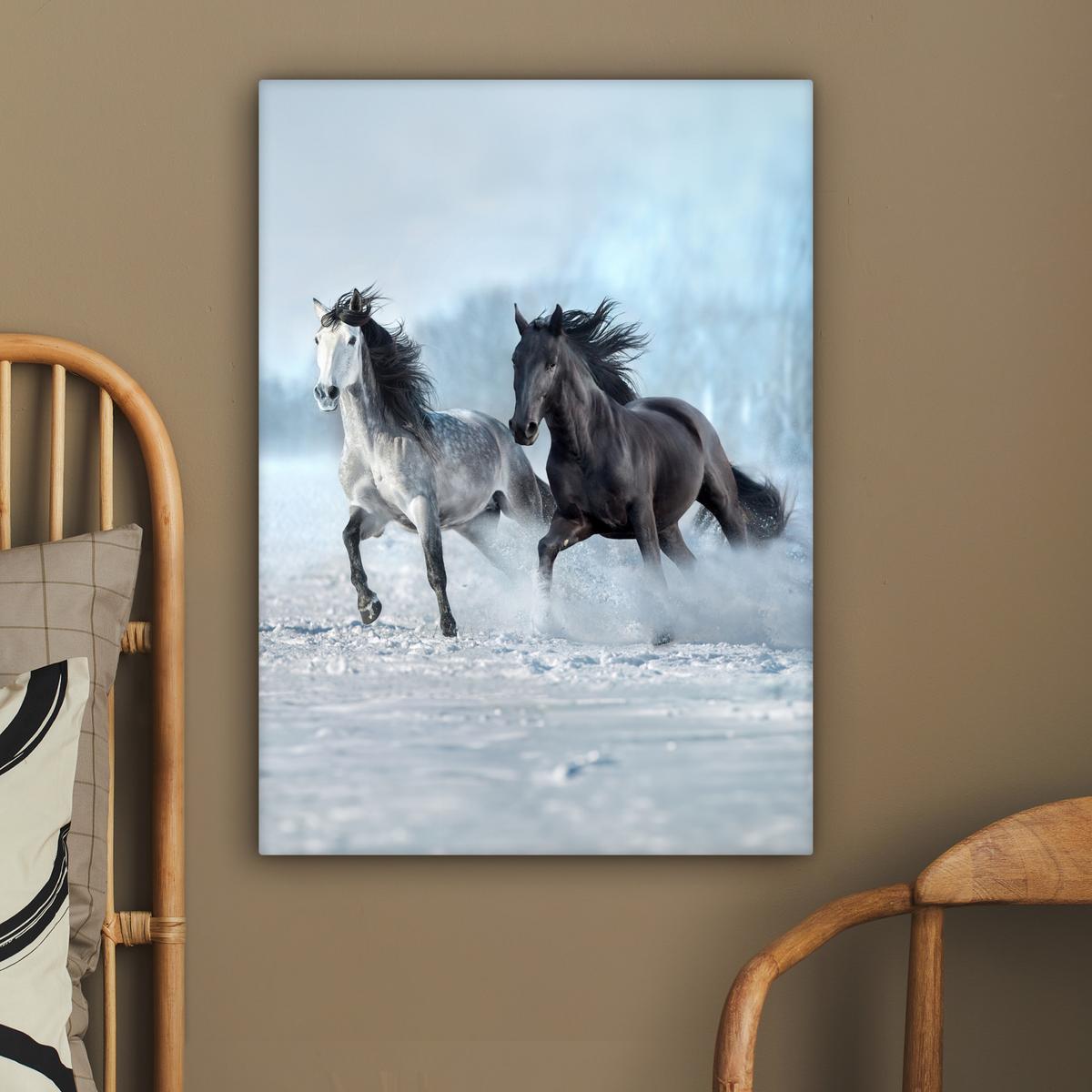 LEINWANDBILD Pferde - Winter - Tiere - Natur - Schnee Wandbild Wohnzimmer 60x80 cm - Anthrazit, Textil (60/80cm) - MuchoWow
