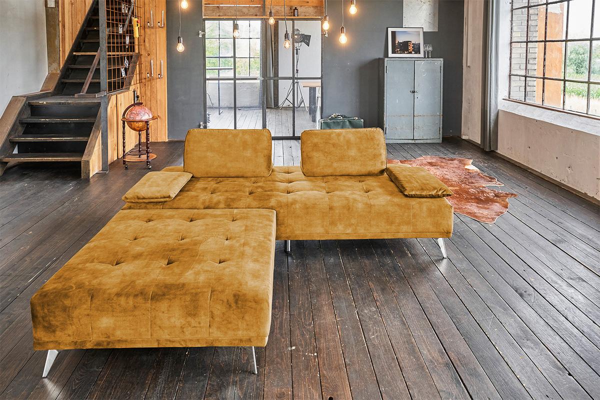 SOFA MIT HOCKER WIOLO Braun Velvet - Silberfarben/Braun, Textil/Metall (240/80/110cm) - KAWOLA