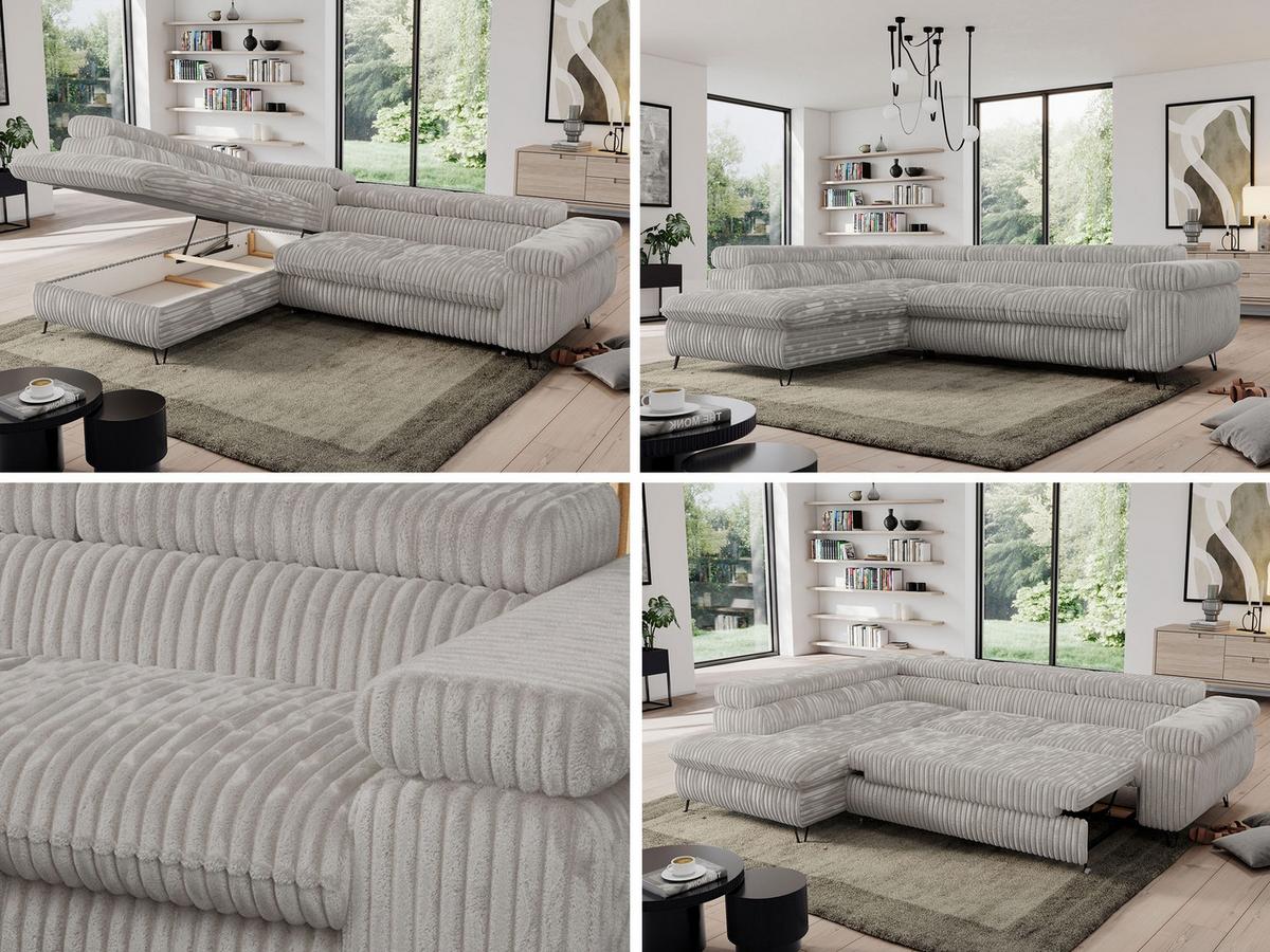 ECKSOFA PEDRO L Hellgrau Cord - Links Seite - Hellgrau/Schwarz, Textil/Metall (208/273cm) - MKS