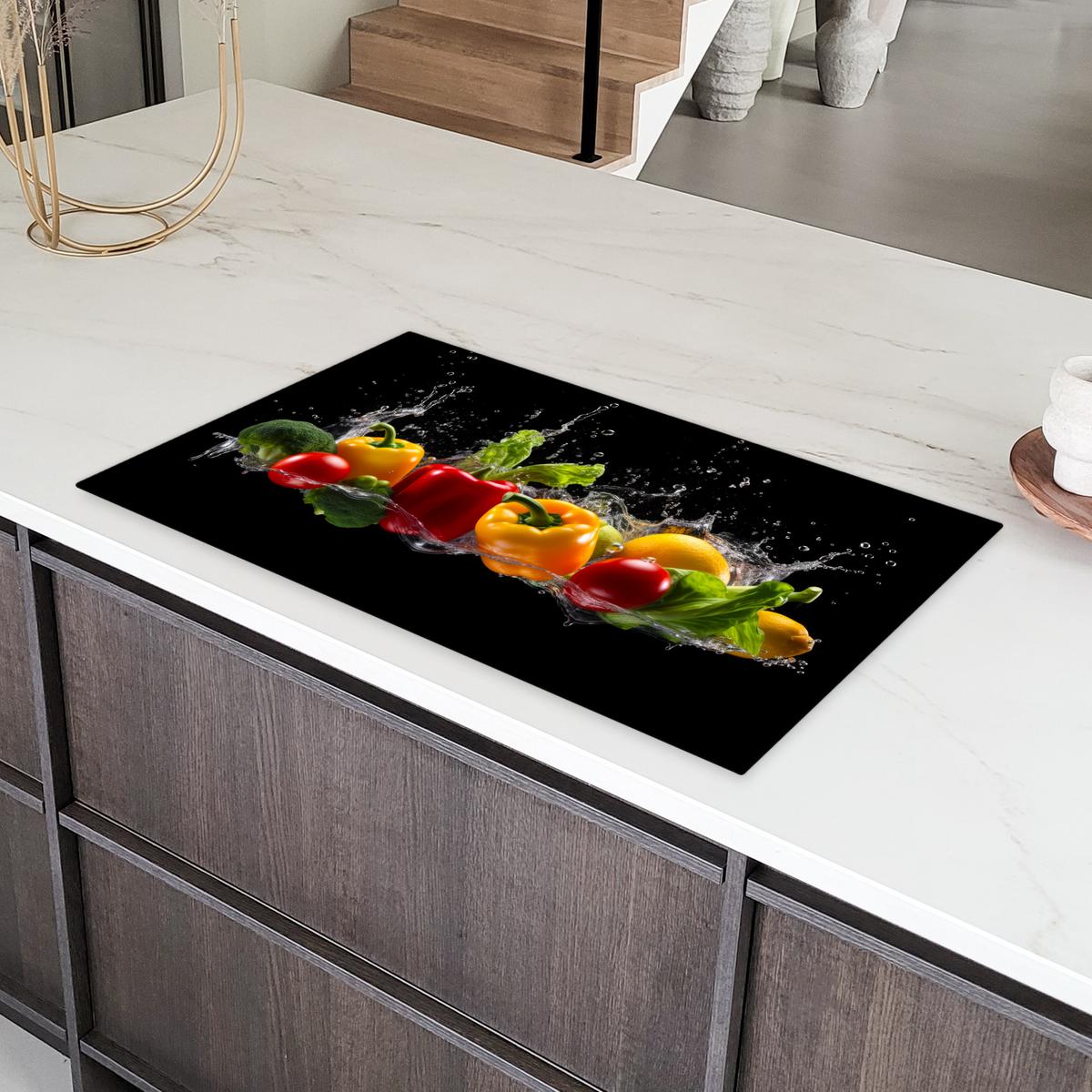 HERDABDECKPLATTE Paprika - Wasser - Gemüse - Schwarz Induktionsschutz 91.6x52.7 cm - Multicolor, Kunststoff (91.6/52.7/0.2cm) - MuchoWow