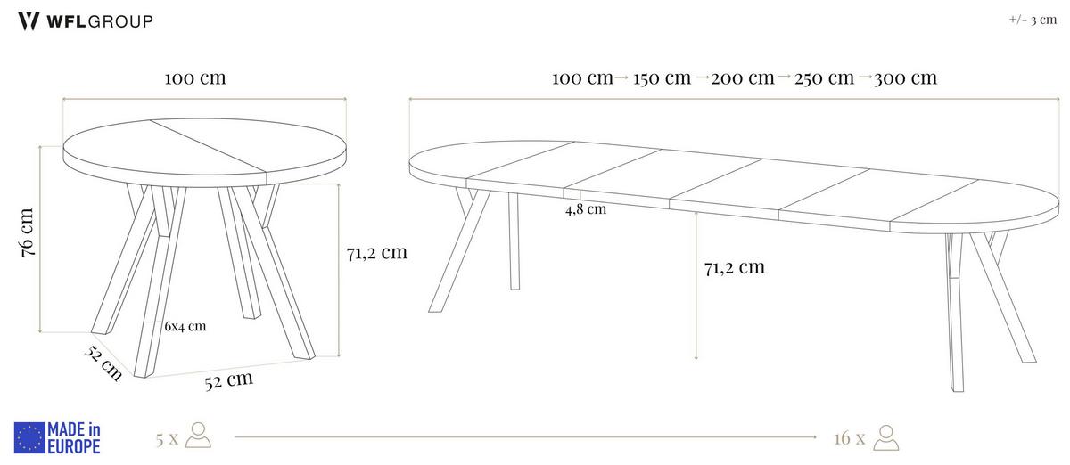 ESSTISCH Twixy XXL groß rund oval ausziehbar, Beton Grau 100-300/100/76 cm - Hellgrau/Weiß, Holz/Holzwerkstoff (100/300/76cm) - WFL GROUP