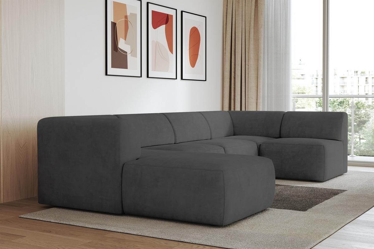 WOHNLANDSCHAFT Ottomane Links MOVO-L 345x180x78 cm Dunkelgrau Velours - Eschefarben, Holzwerkstoff/Kunststoff (345/78/180cm) - ALTDECOR