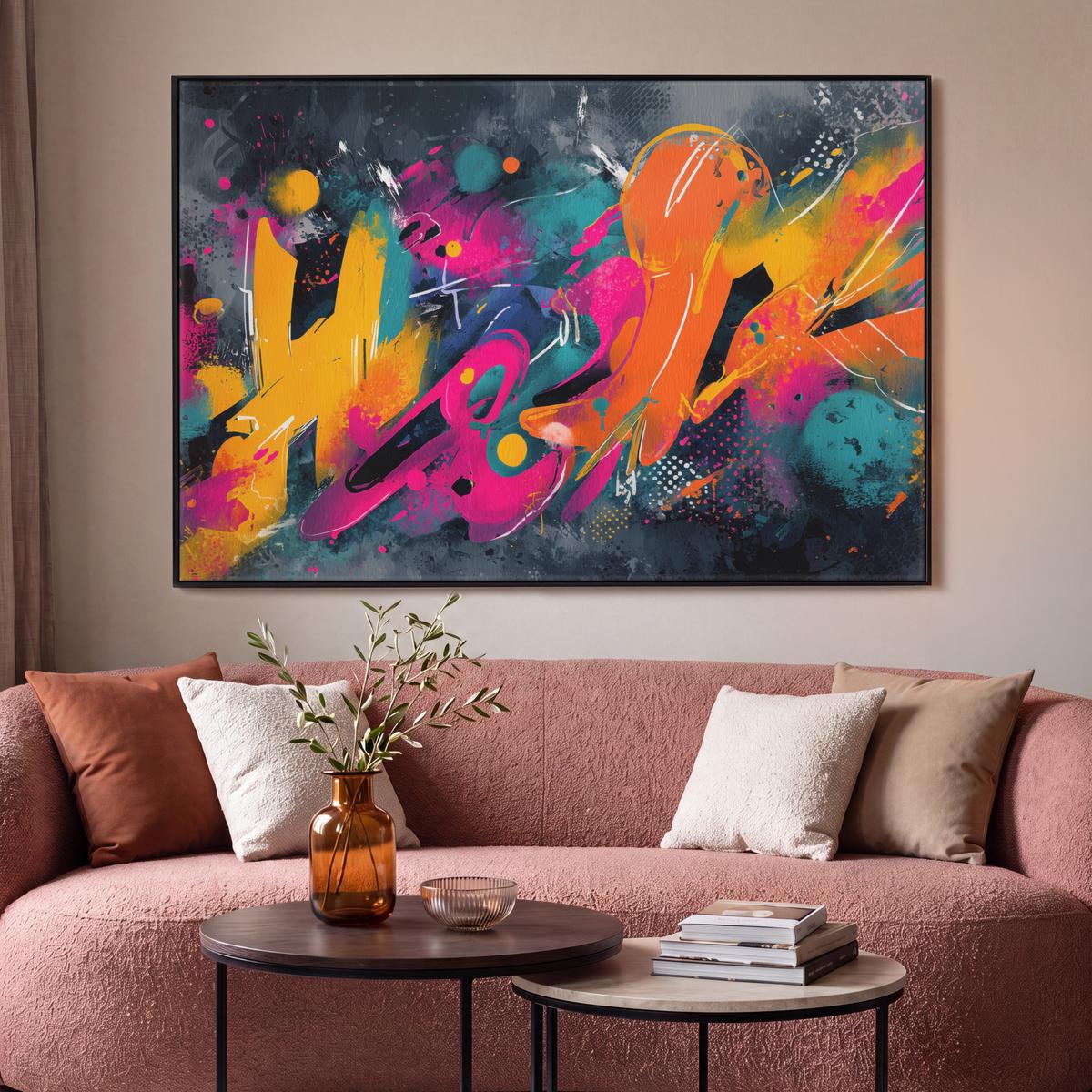 LEINWAND Bilder mit Rahmen - Abstrakt - Graffiti - Farbenfroh - Farbspritzer - 120x80 - Multicolor, Textil (120/80cm) - MuchoWow