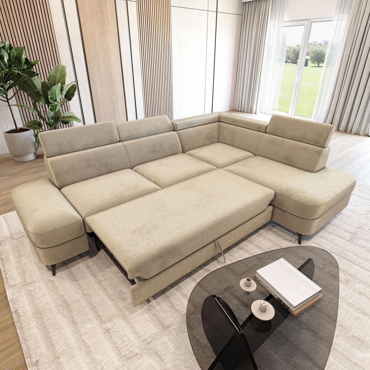 ECKSOFA AVISE M R-S Creme Velours-Stoff mit Schlaffunktion - Creme, Holzwerkstoff/Textil (268/195cm) - MASSENO