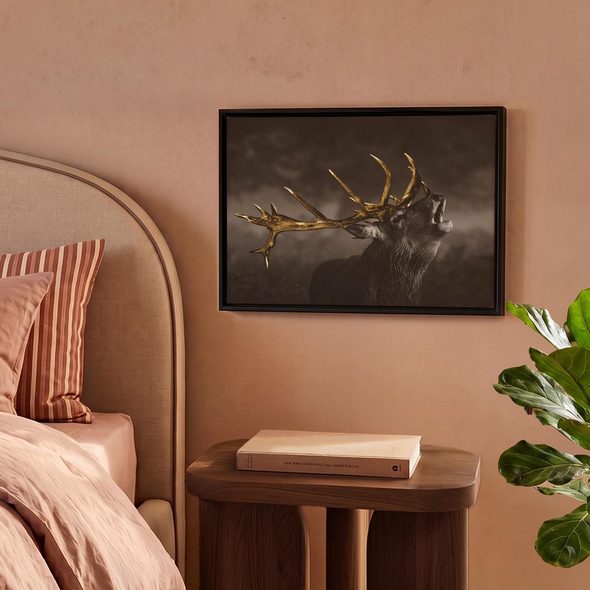 LEINWAND Bilder mit Rahmen - Rotwild - Schwarz - Gold - 40x30 - Braun, Textil (40/30cm) - MuchoWow