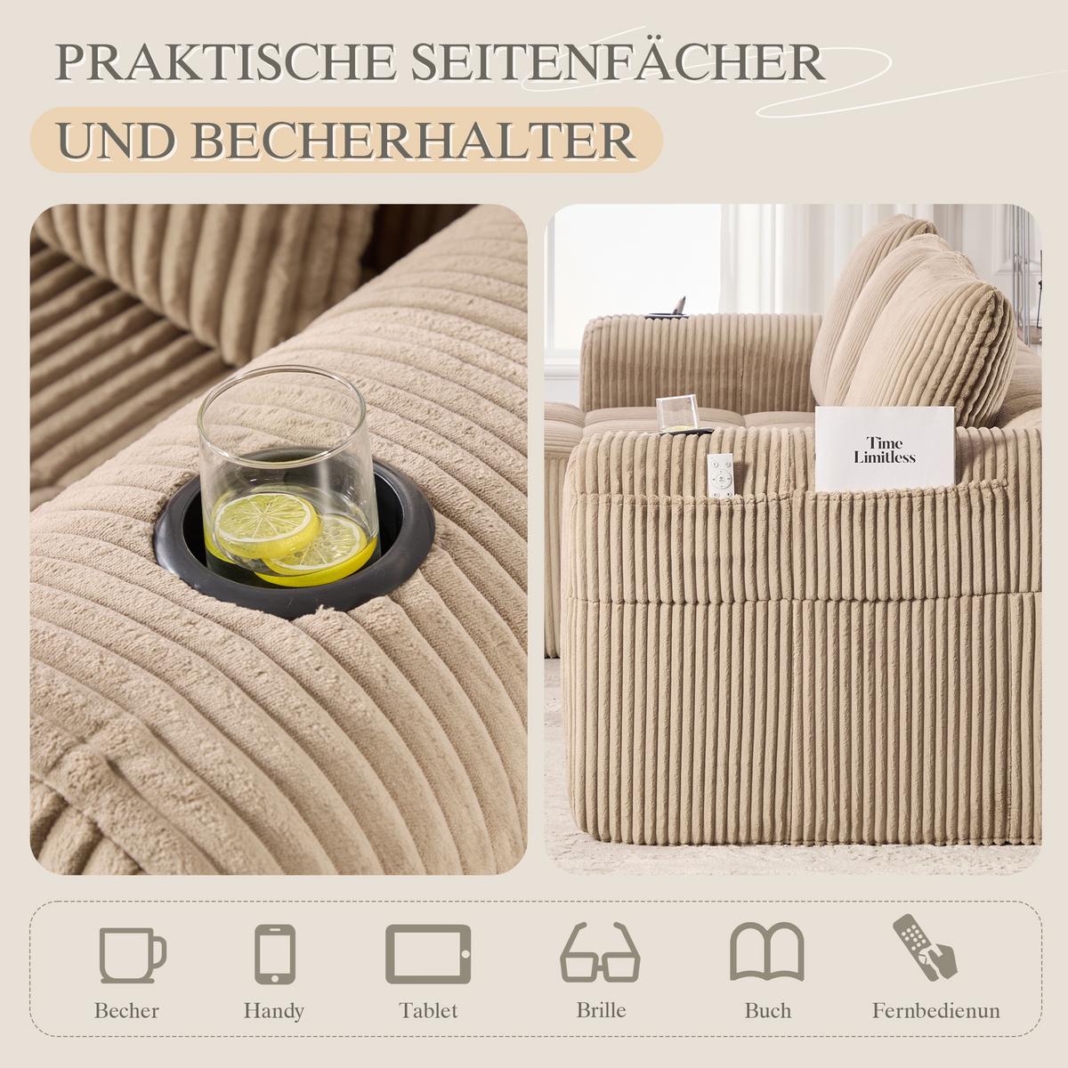 ECKSOFA 3-Sitzer mit Getränkehalter, Seitentaschen & 3 Kissen - Taupe, Textil (253/158cm) - Urban Meuble