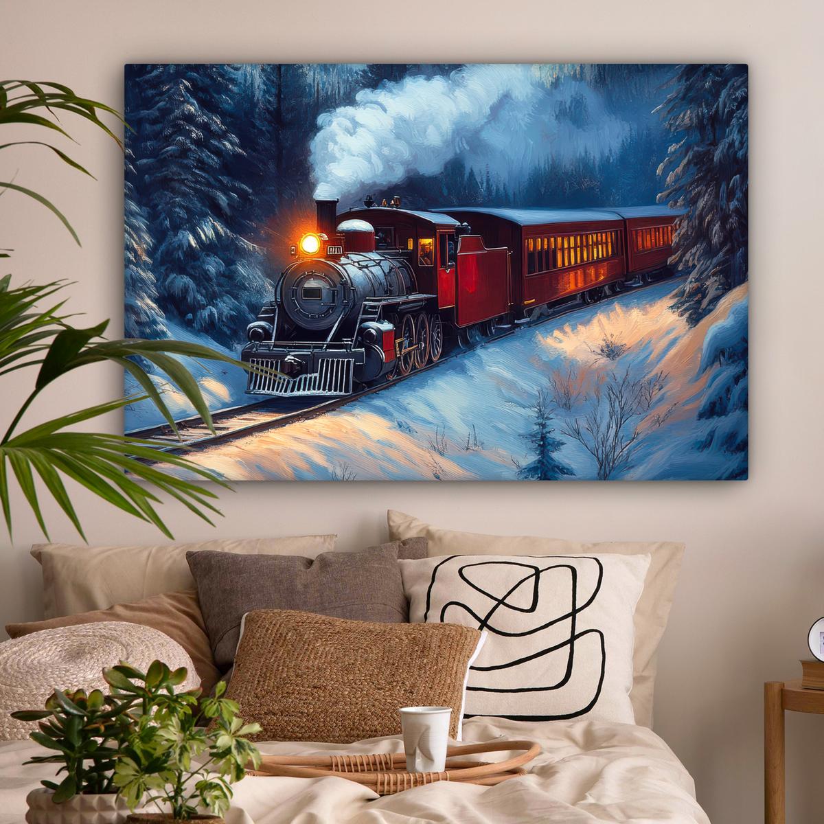 LEINWANDBILD Zug - Weihnachten - Schnee - Weihnachtszug XXL 150x100 cm - Anthrazit, Textil (150/100cm) - MuchoWow