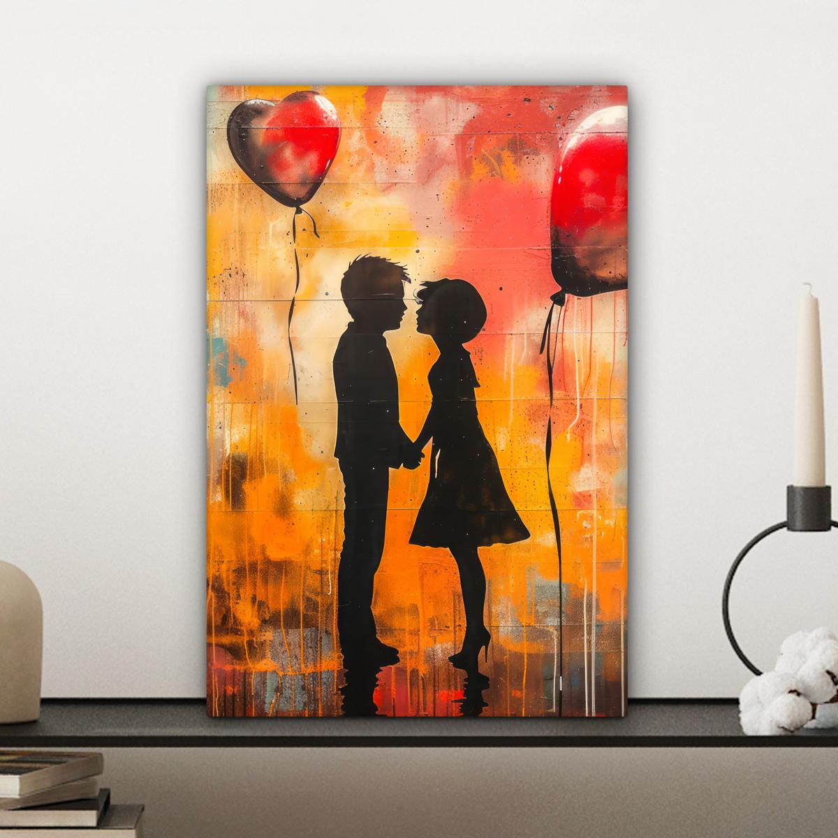 LEINWANDBILD Straßenkunst - Liebe - Graffiti - Kunst - Banksy Deko Wohnzimmer 20x30 cm - Orange, Textil (20/30cm) - MuchoWow