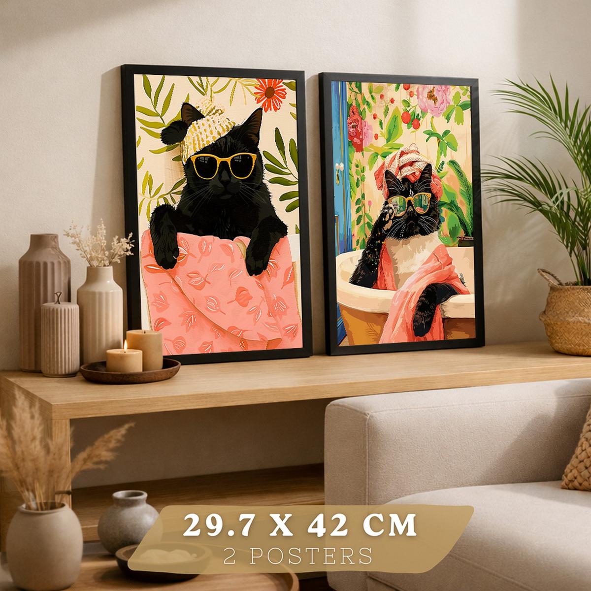 POSTER 2er Kunstdruck-Set Wandbilder Katzen Badezimmer modern Wohnzimmer Deko, Schlafzimmer, Küche Schwarzer Rahmen A4 - Schwarz, Papier (29.7/1/21cm) - Nacnic