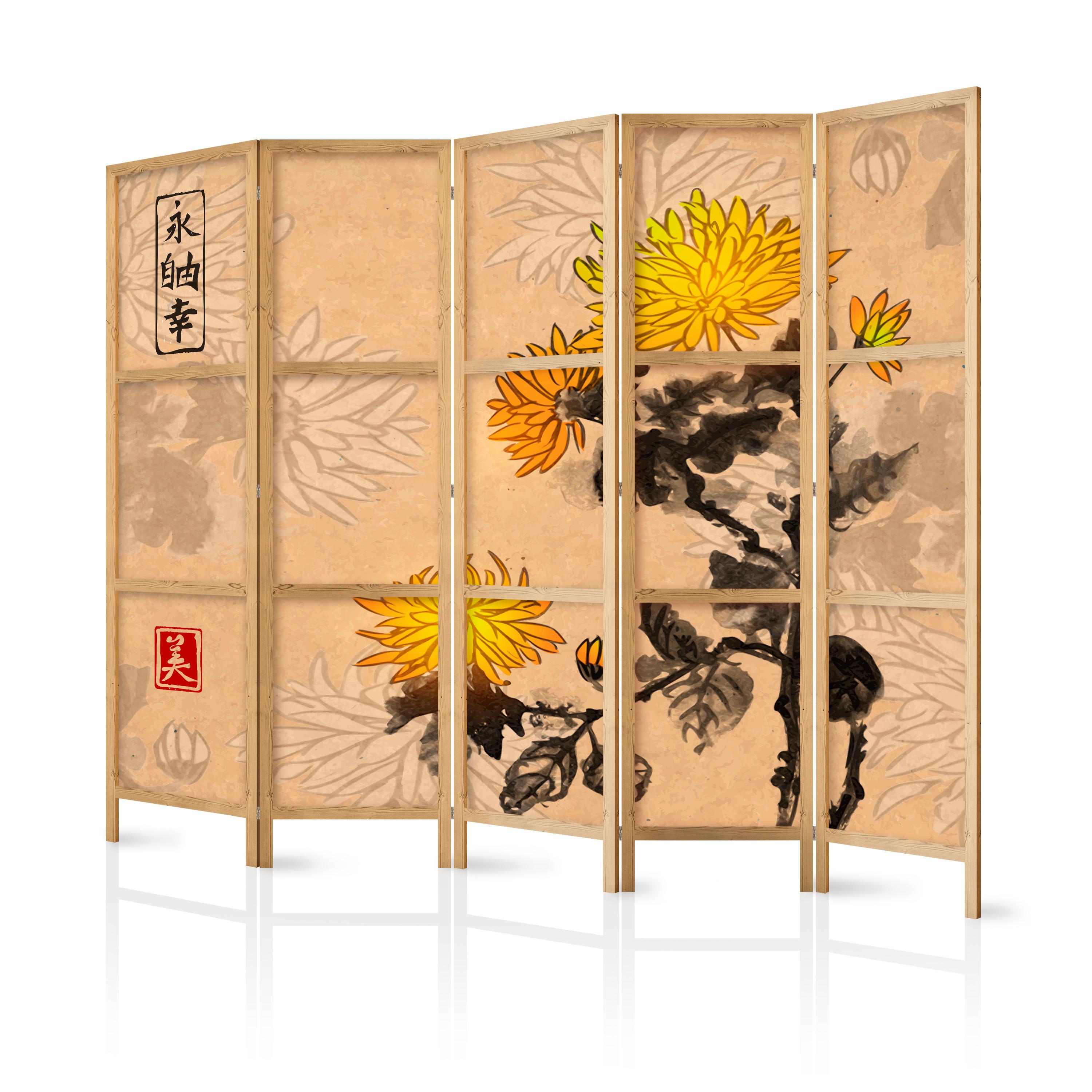 PARAVENT Japanischer 5-tlg 225x172 cm Aquarell Chrysanthemen - Multicolor, Holz/Textil (225/172/3cm) - Muralo