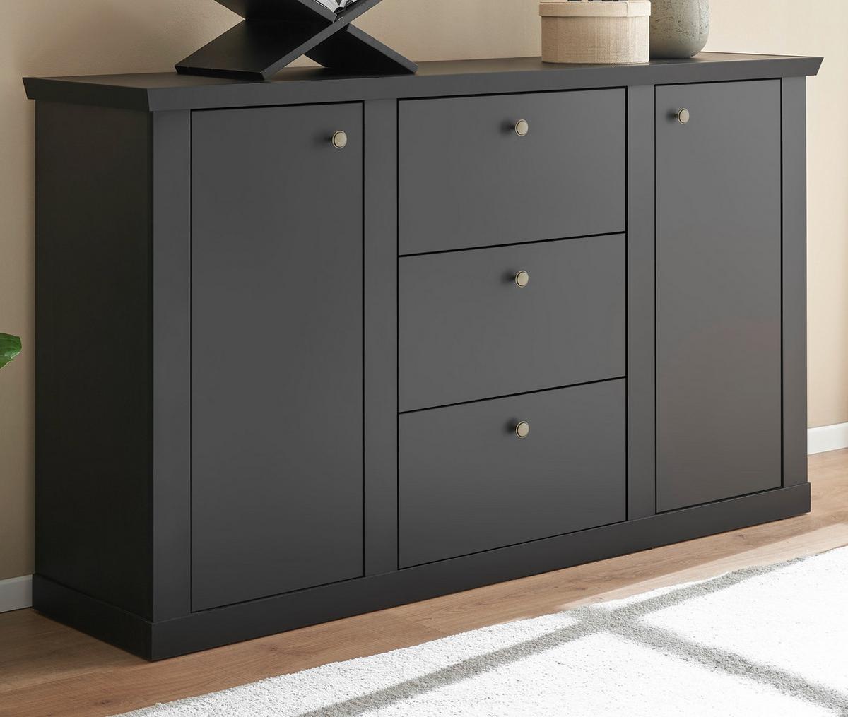 SIDEBOARD schwarz matt, Eiche Landhaus 158 cm, Kommode mit Soft-Close - Eichefarben/Messingfarben, Holzwerkstoff/Metall (158/92/42cm) - Furn.Design