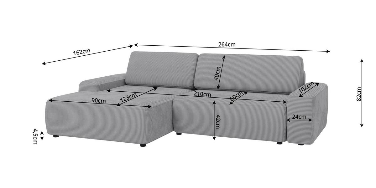 ECKSOFA Nancy Hellgrau Cord - Hellgrau/Schwarz, Holz/Kunststoff (264/162cm) - S-Style Möbel