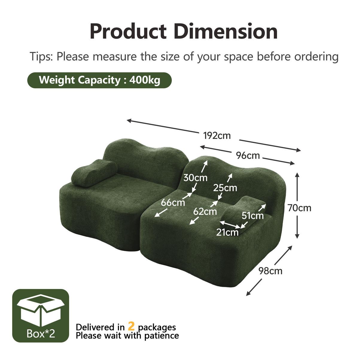 2-SITZER SOFA Modulares Boneless Samt Wellenform - Grün, Textil (192/70/98cm) - Urban Meuble