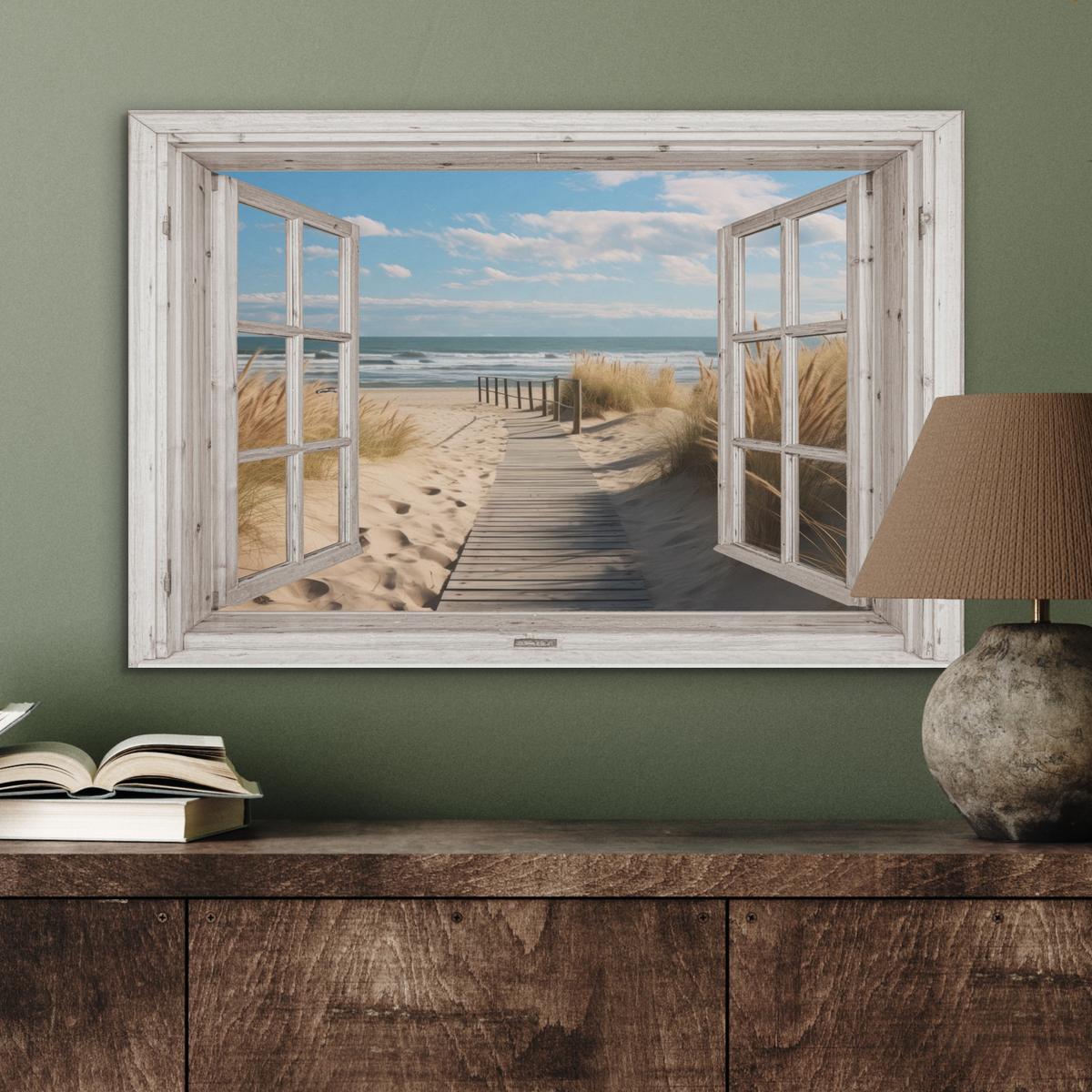 AKUSTIKBILD Fenster - Meer - Küste - Natur - Ausblick - Strand - Wattenmeer Wanddeko 70x50 cm - Beige, Kunststoff (70/50/0.9cm) - MuchoWow