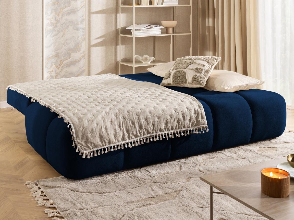 SCHLAFSOFA Belluno aus hochwertigem Marineblau Plüschstoff mit Bettkasten und tiefen Steppungen in Bubble-Optik - Blau/Schwarz, Holz/Kunststoff (205/87/105cm) - S-Style