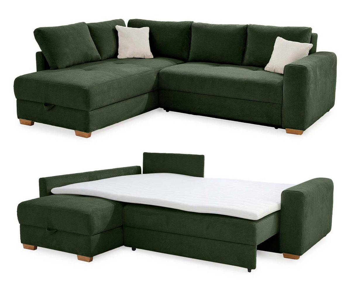 ECKSOFA-DAUERSCHLÄFER Boxspring Federkern Topper Bettkasten, seitenverkehrt montierbar B257/T206/H85 cm, Cord Grün / 15213 - Eichefarben/Grün, Holz/Textil (257/206cm) - luma-home