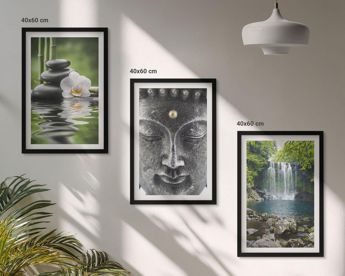 BILDER SET 3er Set - 40x60 cm Schwarzer Rahmen - Harmoniesteine Wasser Buddha - Schwarz, Kunststoff (40/60cm) - TULUP