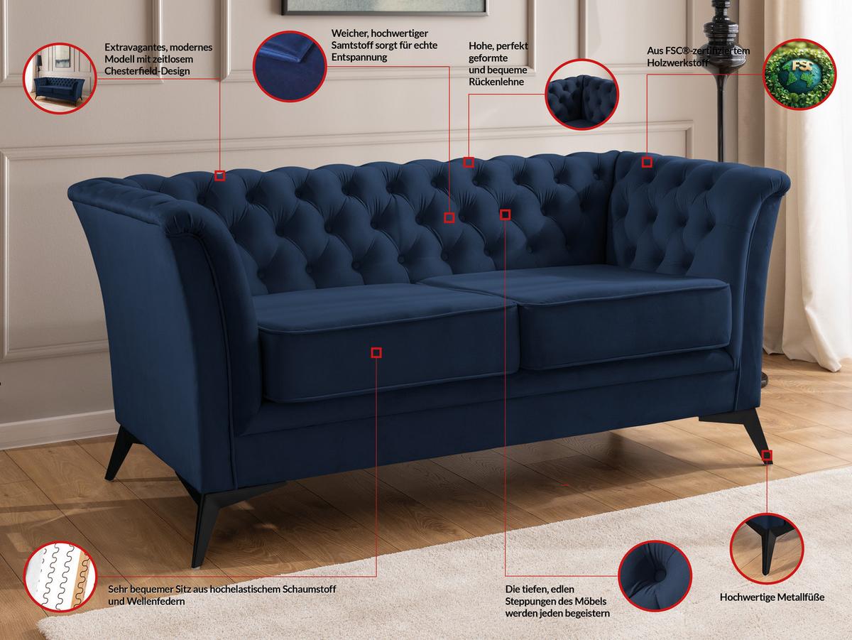 CHESTERFIELD-SOFA 2-sitzer Whitby Marineblau Samt mit schwarzen Füßen - Schwarz/Dunkelblau, Holz/Textil (175/78/82cm) - S-Style Möbel