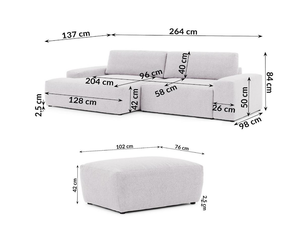 ECKSOFA inkl. Hocker Lennon aus Greige Strukturstoff mit Schlaffunktion und Bettkasten - Greige/Schwarz, Holz/Kunststoff (137/264cm) - S-Style
