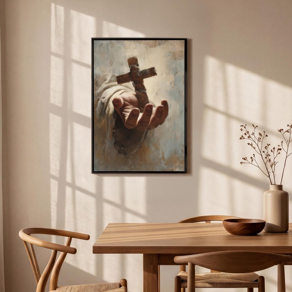 LEINWAND Bilder mit Rahmen - Abstrakt - Kreuz - Hand - Christentum - 60x90 - Hellbraun, Textil (60/90cm) - MuchoWow