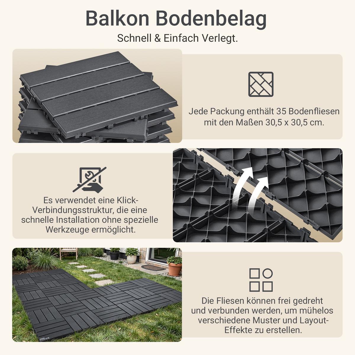 TERRASSENFLIESEN 35 Stück Grau 30.5x2x30.5 cm - Grau, Kunststoff (30.5/30.5/2cm) - SoBuy