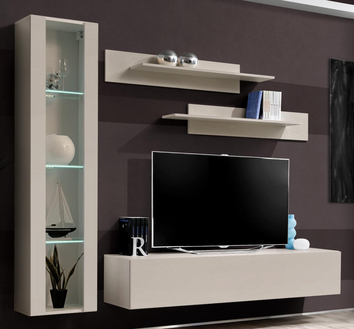 WOHNWAND Kaschmir 210 cm 4-teilig hängend, Anbauwand mit LED-Beleuchtung - Kaschmir, Glas/Holzwerkstoff (210/170/40cm) - Inn.Furn