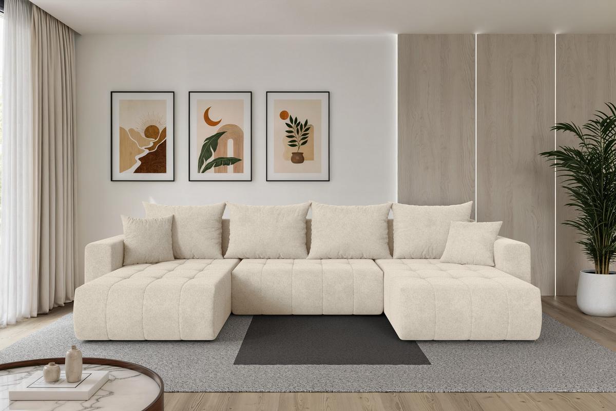WOHNLANDSCHAFT mit Schlaffunktion und Bettkasten MILA-U 378x194x86 Creme Velours - Creme/Schwarz, Holzwerkstoff/Kunststoff (378/86/194cm) - ALTDECOR