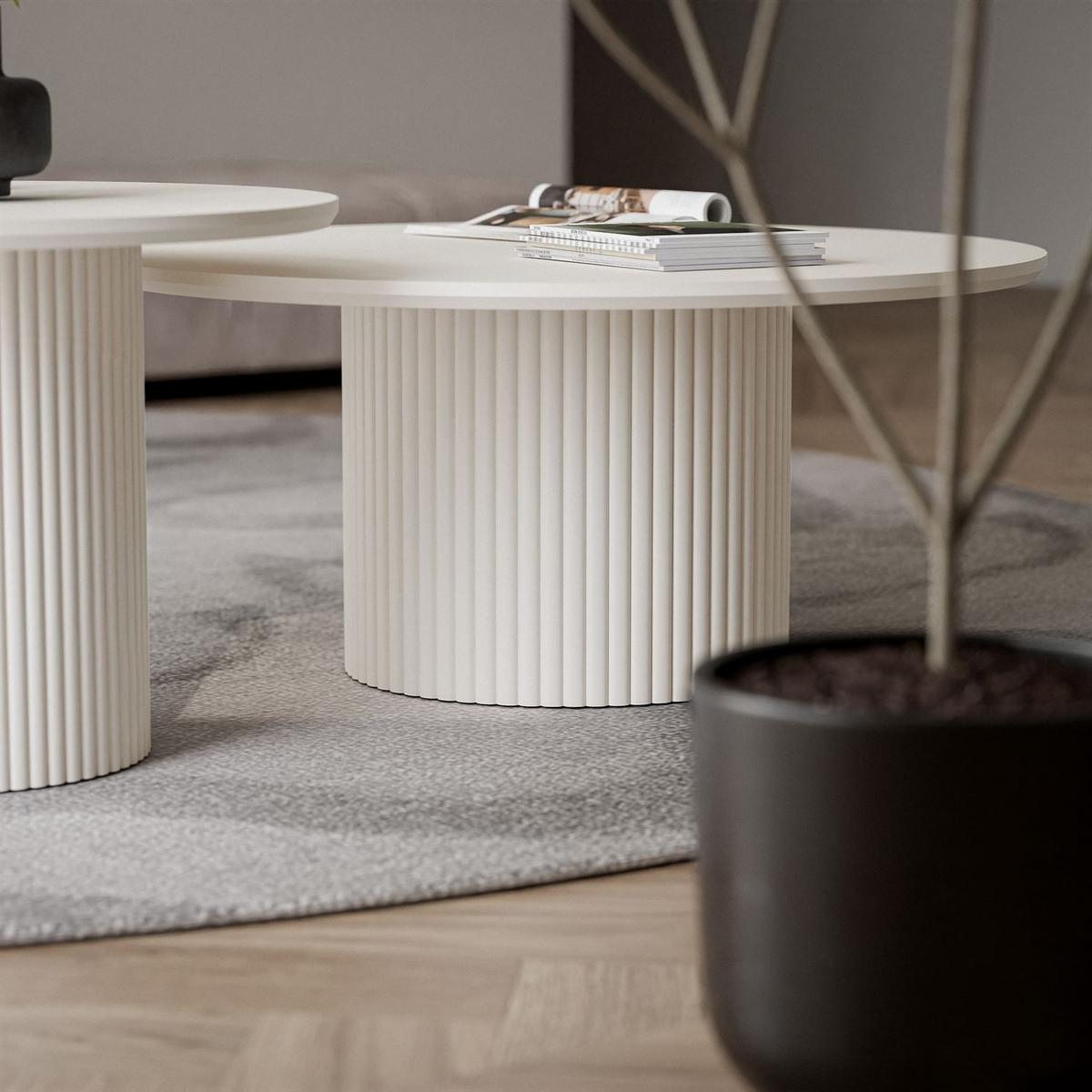 SET OVI Beistelltische mit geriffeltem Fuß Ivory - Creme, Holzwerkstoff (60/60/42cm) - Lookway