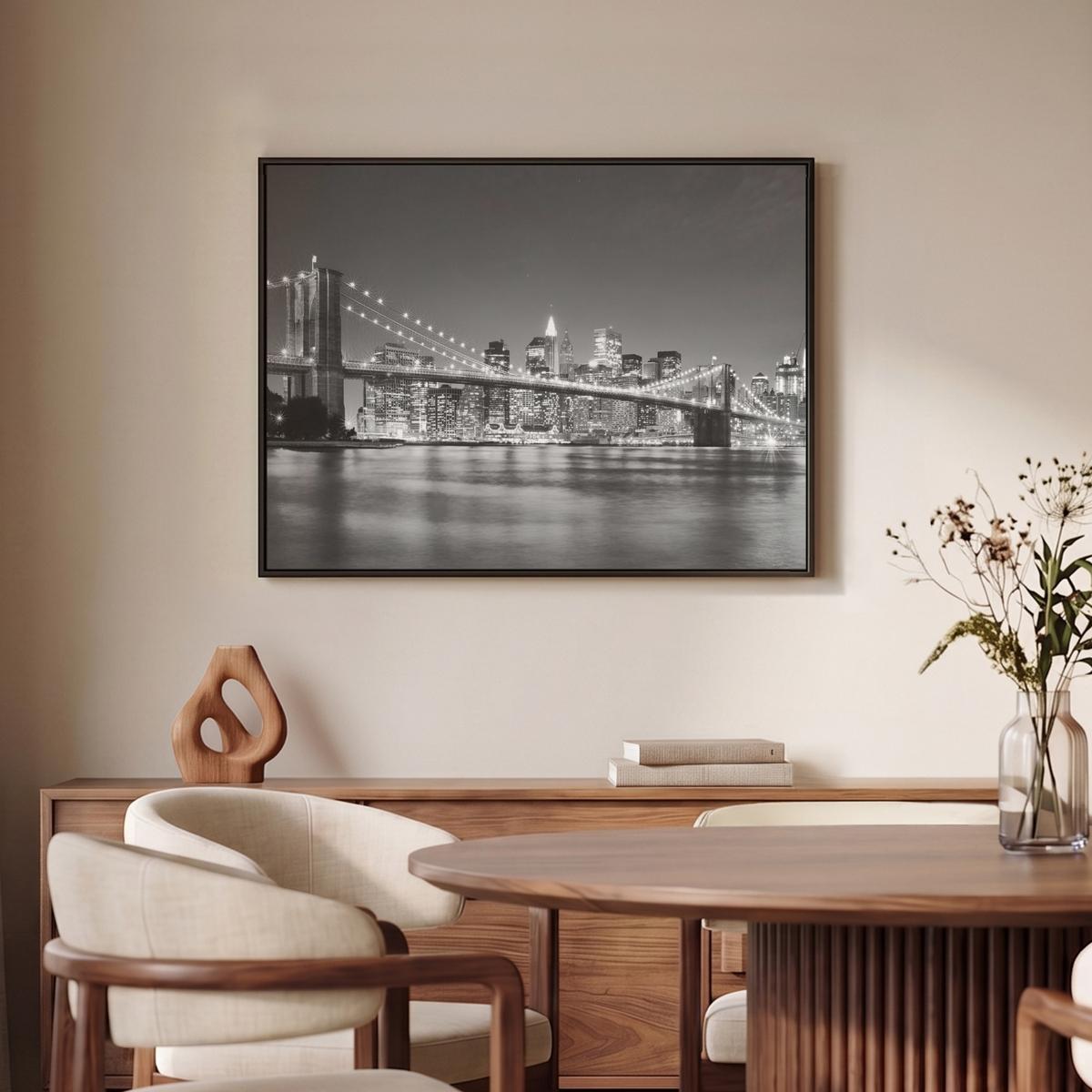 LEINWAND Bilder mit Rahmen - New York - Brücke - Brooklyn - Schwarz und weiß - Architektur - 80x60 - Schwarz, Textil (80/60cm) - MuchoWow