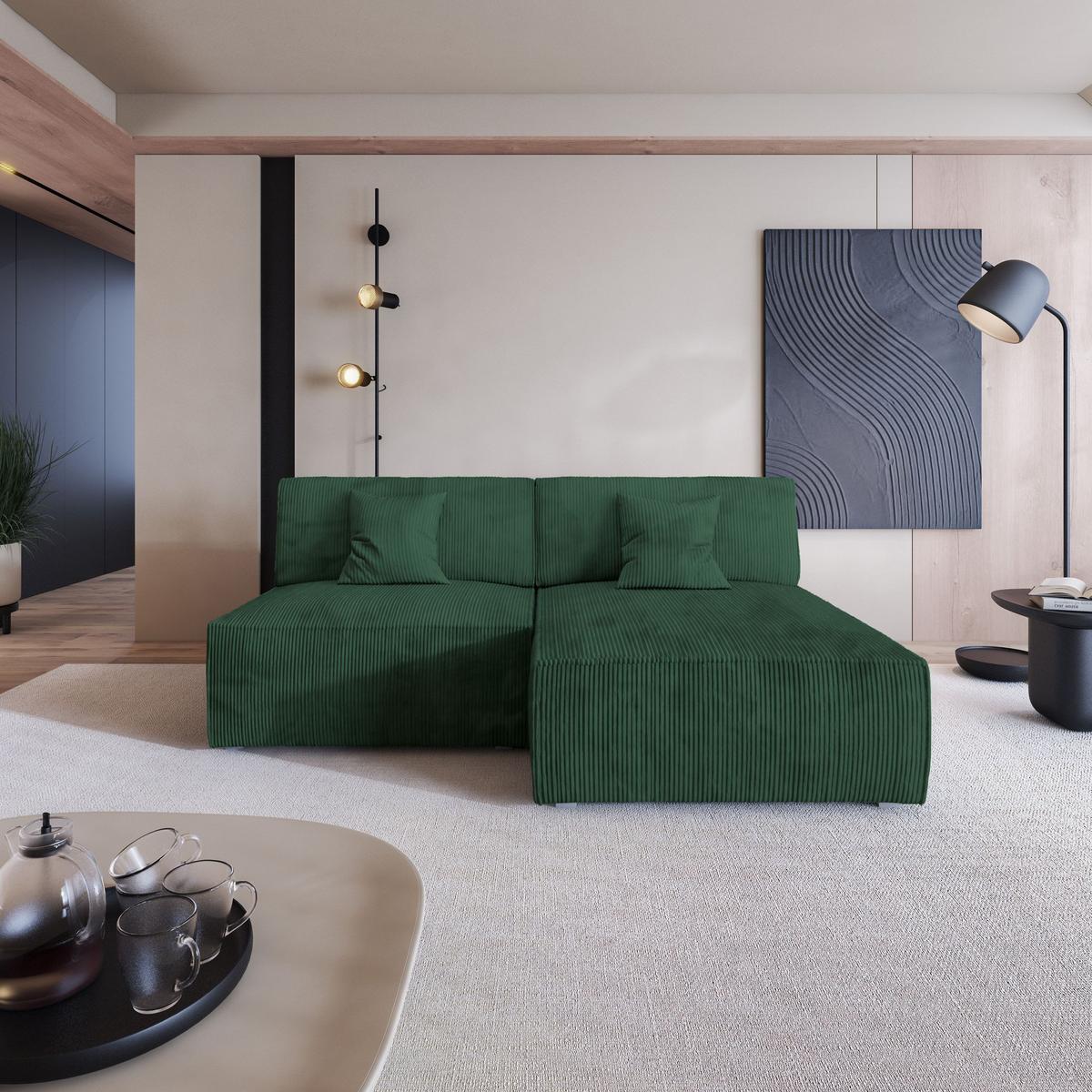 ECKSOFA FIORO P Grün Kordstoff mit Schlaffunktion - Grau/Grün, Holz/Kunststoff (204/148cm) - MASSENO